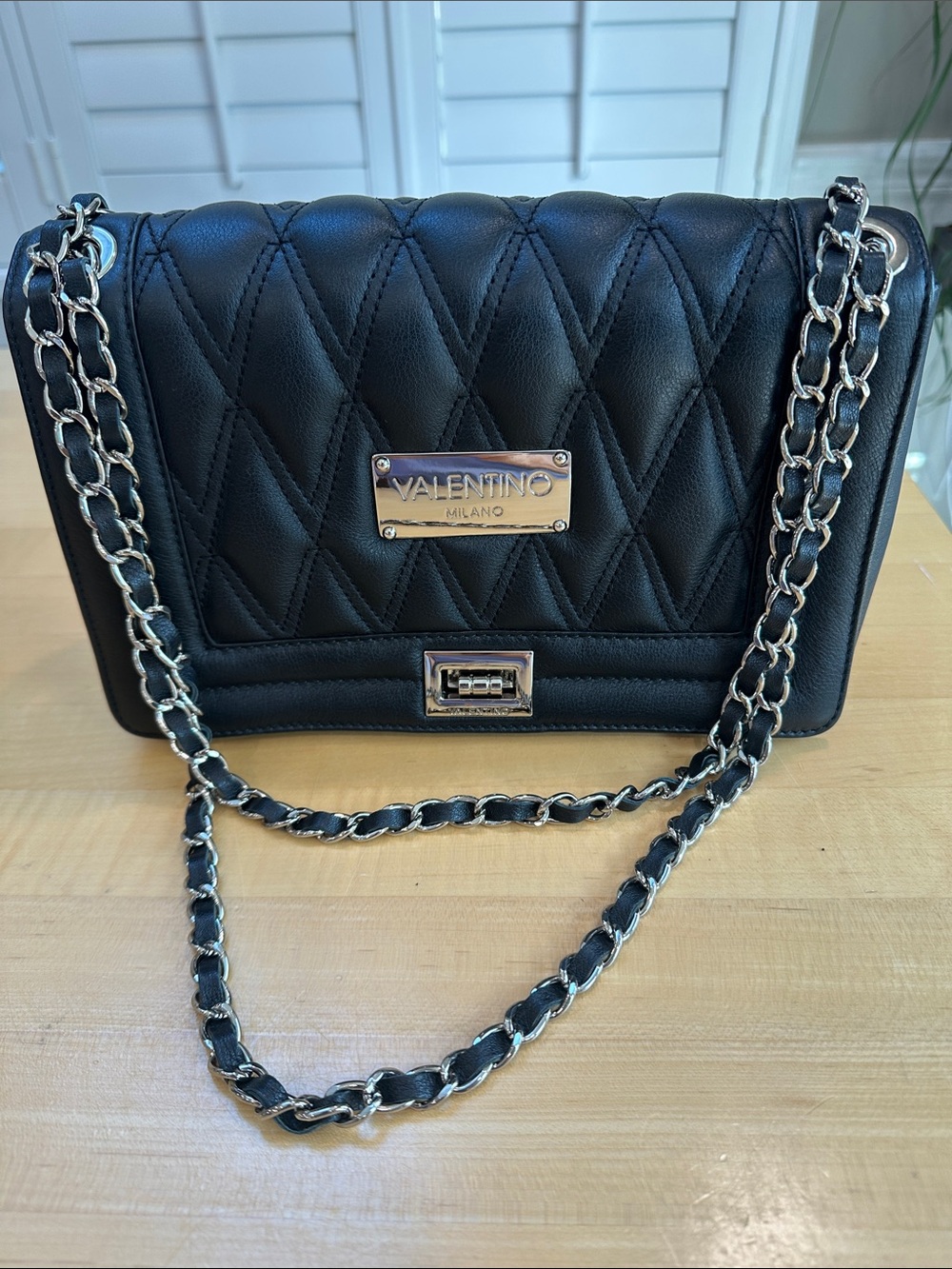 Valentino Black Quilted Shoulder Bag with Silver Chain
